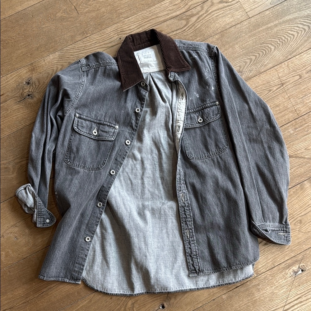 United Arrows & Sons Men's Gray Denim OverShirt with Brown Collar